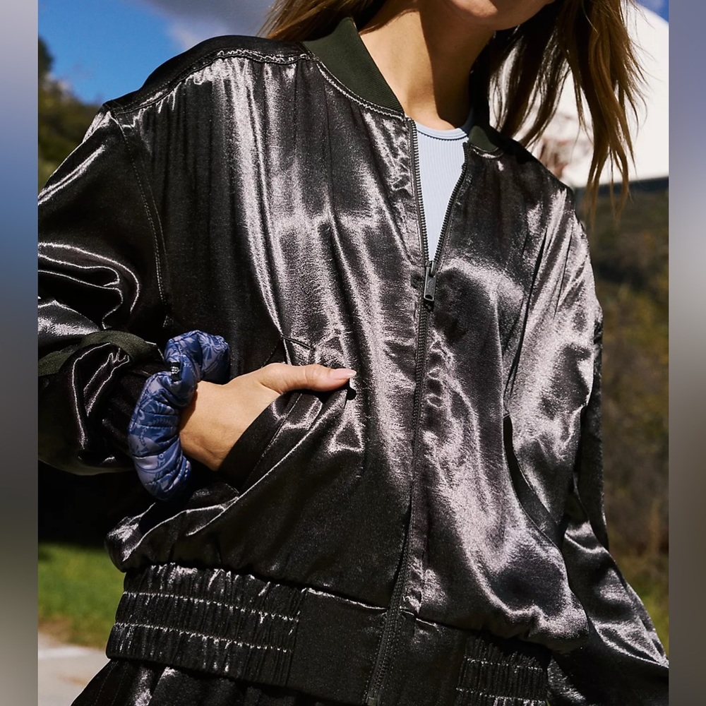 Free People NEW Movement Relay Zip-Up Olive Green Satin Bomber Jacket Size Large